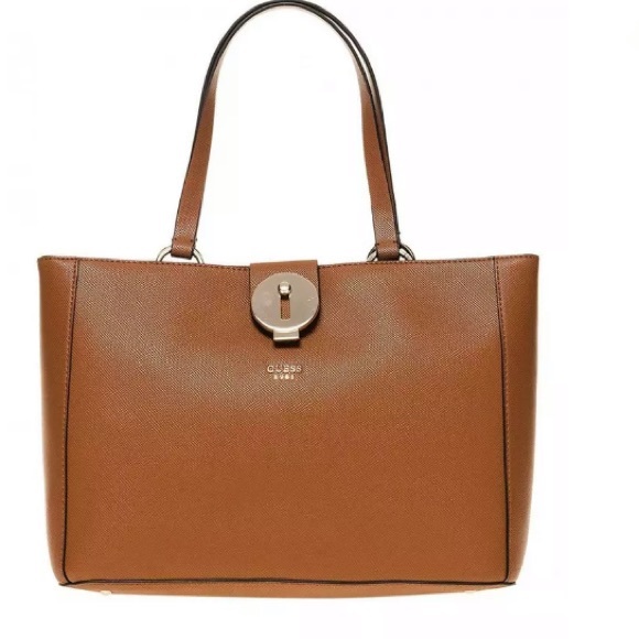 Guess Lock Large Cognac Faux Leather Tote - Picture 1 of 6